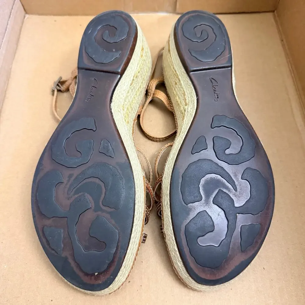 Clarks Artisan Womens 8.5 Wedge Espadrille Sandals Leather Ankle Strap Comfort
